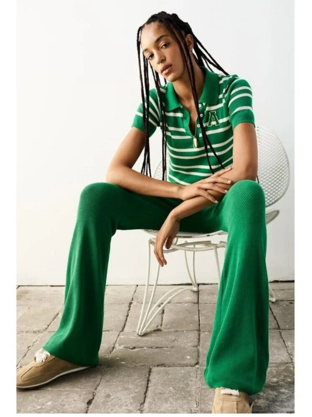 NWT Zara Green White Open Knit Flared Pants and Polo Top Set Medium